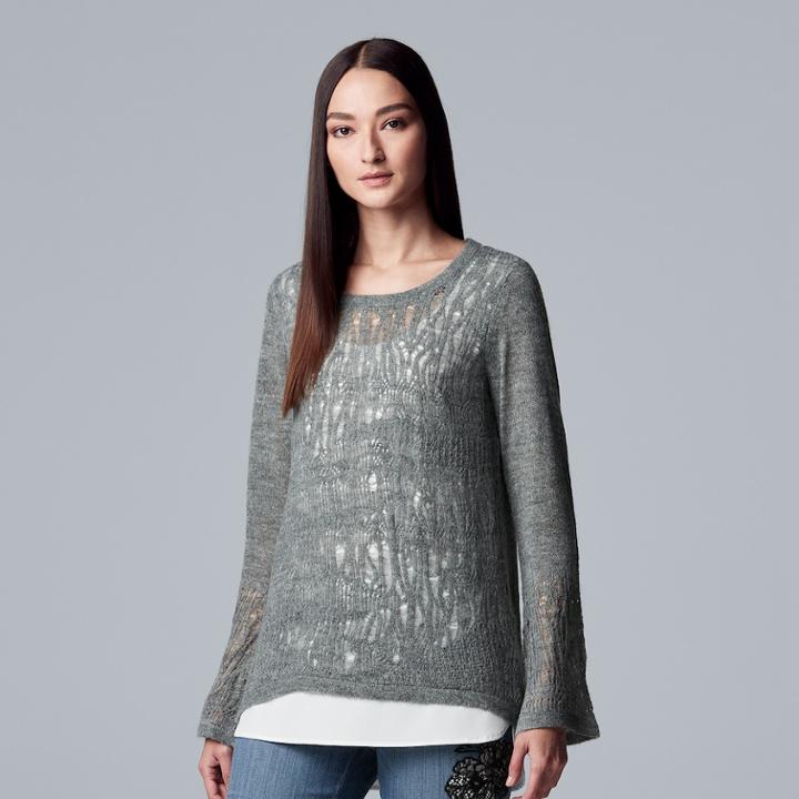 Women's Simply Vera Vera Wang Pointelle Mock-layer Top, Size: Small, Med Grey