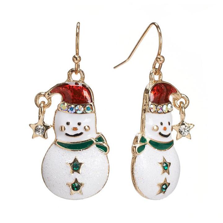 Gold Tone Simulated Crystal Snowman Drop Earrings, Women's, Multicolor