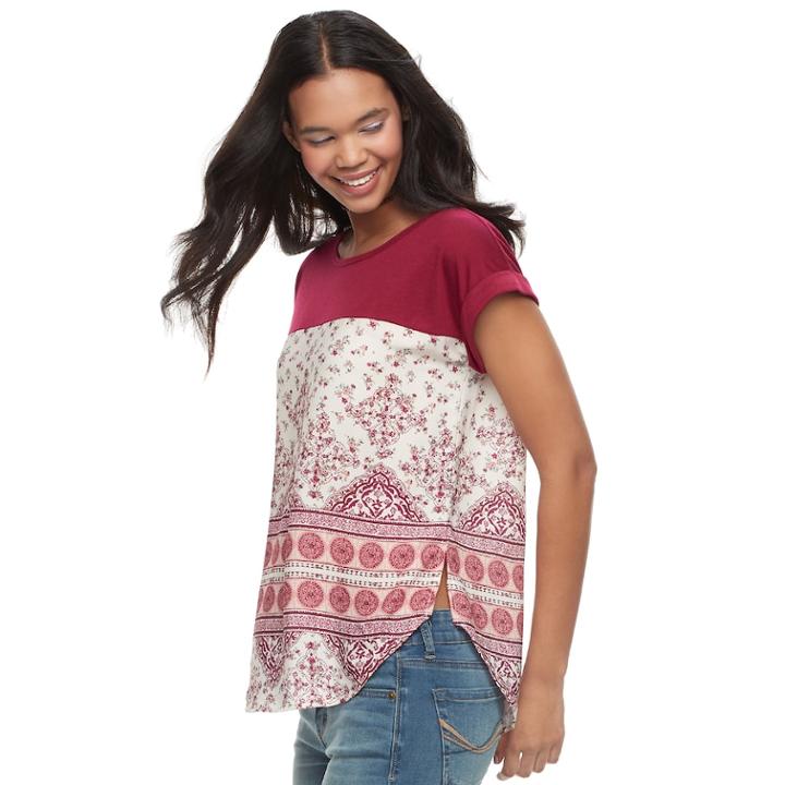 Juniors' Rewind Mixed Print Top, Teens, Size: Medium, Dark Red