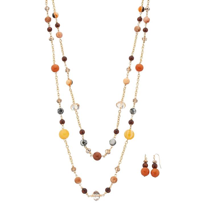 Long Marbled Bead Double Strand Necklace & Drop Earring Set, Women's, Multicolor