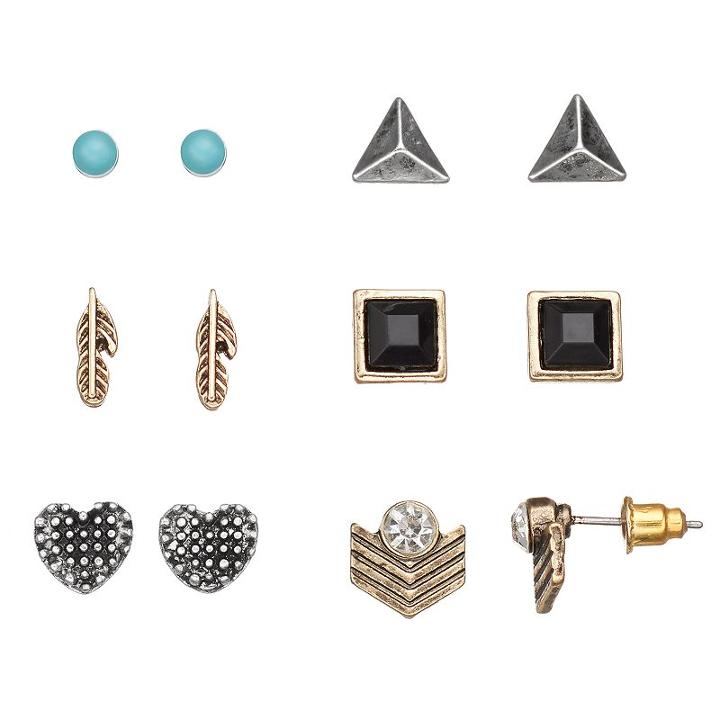 Mudd&reg; Heart, Feather & Pyramid Stud Earring Set, Women's, Multicolor