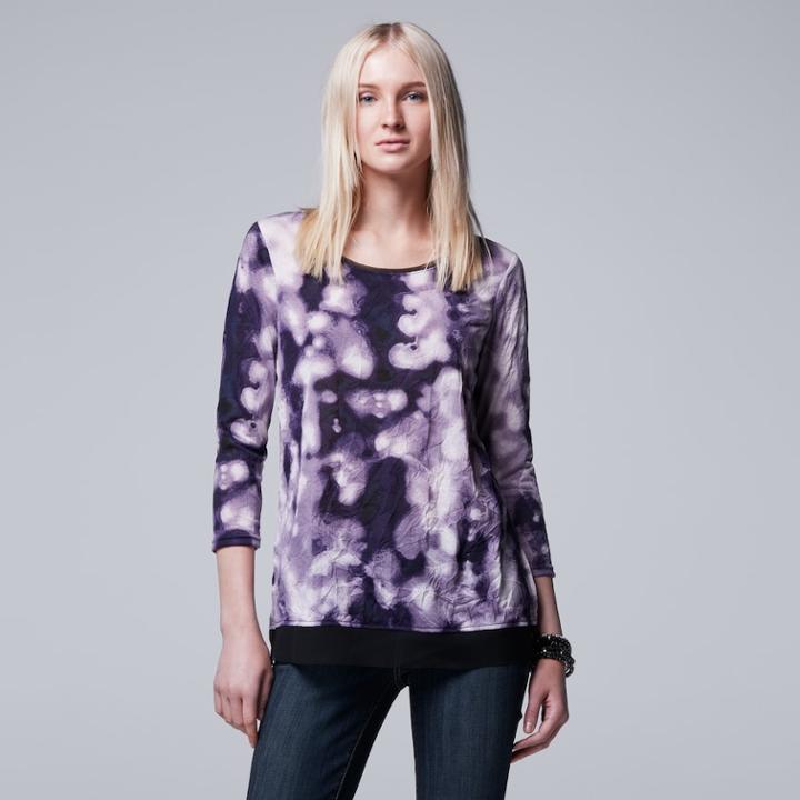 Women's Simply Vera Vera Wang Chiffon Trim Print Top, Size: Xs, Med Purple