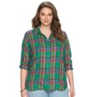 Chaps, Plus Size Plaid Twill Button-down Shirt, Women's, Size: 1xl, Pink Ovrfl