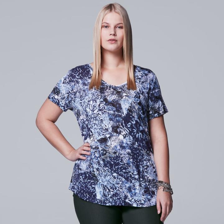 Plus Size Simply Vera Vera Wang Printed V-neck Tee, Women's, Size: 1xl, Dark Blue