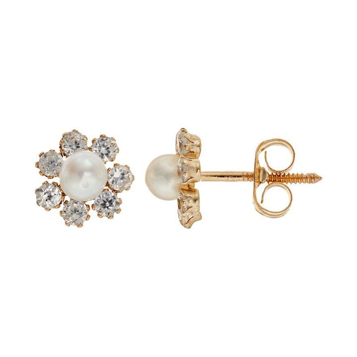 Charming Girl Freshwater Cultured Pearl 14k Gold Flower Stud Earrings - Made With Swarovski Cubic Zirconia - Kids, Yellow