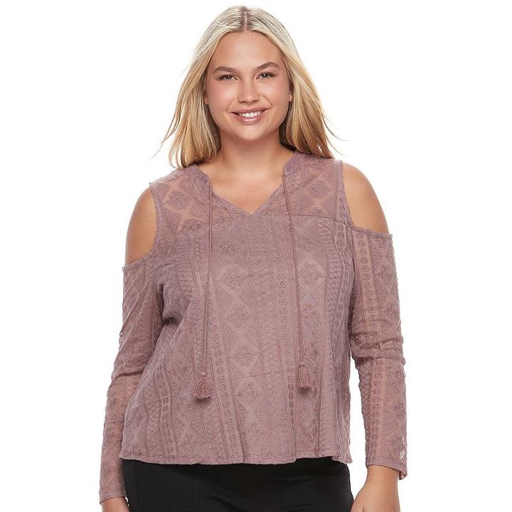 Juniors' Plus Size Mudd&reg; Illusion Lace Cold-shoulder Top, Teens, Size: 2xl, Beig/green (beig/khaki)