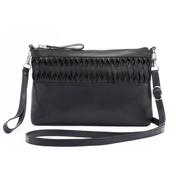 R & R Leather Ruffled Crossbody Bag, Women's, Black