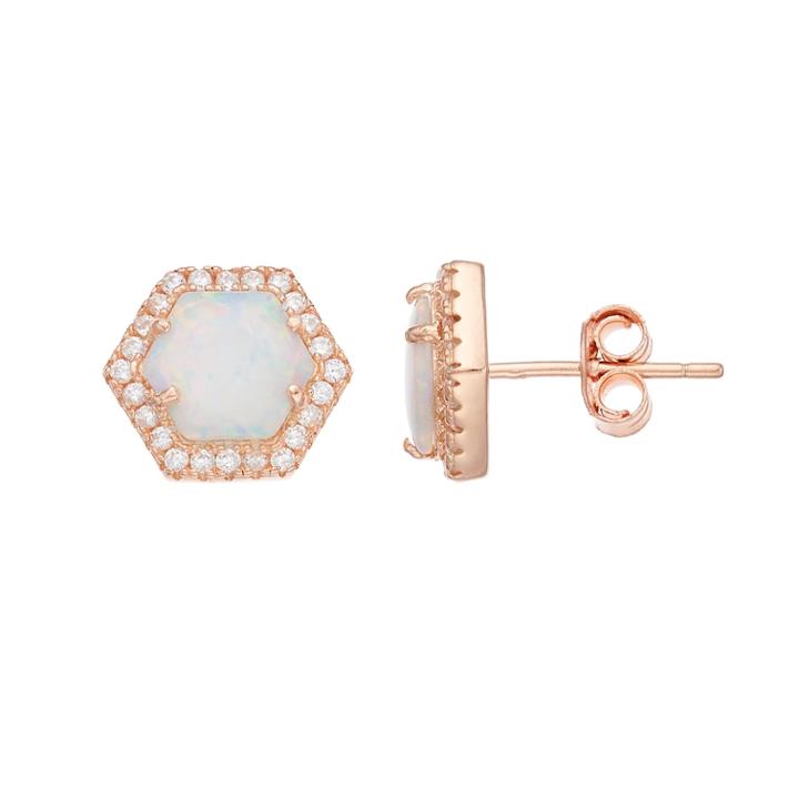 18k Rose Gold Over Silver Lab-created Opal & Cubic Zirconia Hexagon Stud Earrings, Women's, White