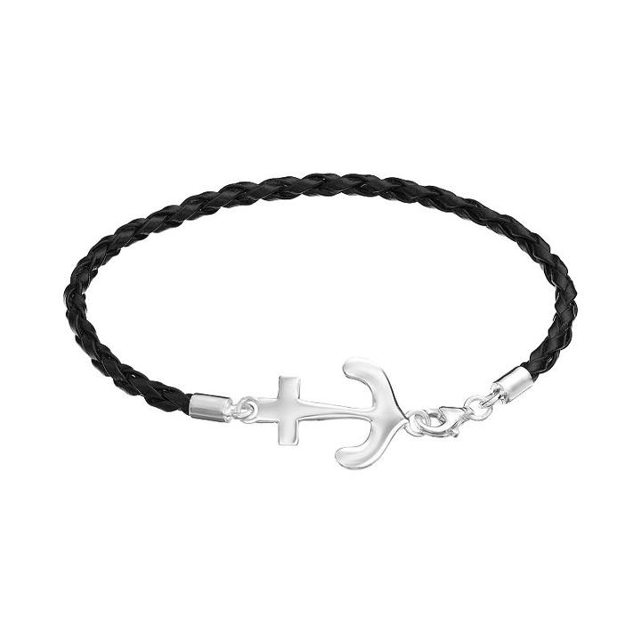 Sterling Silver Anchor Link Woven Leather Bracelet, Women's, Size: 7.5, Grey