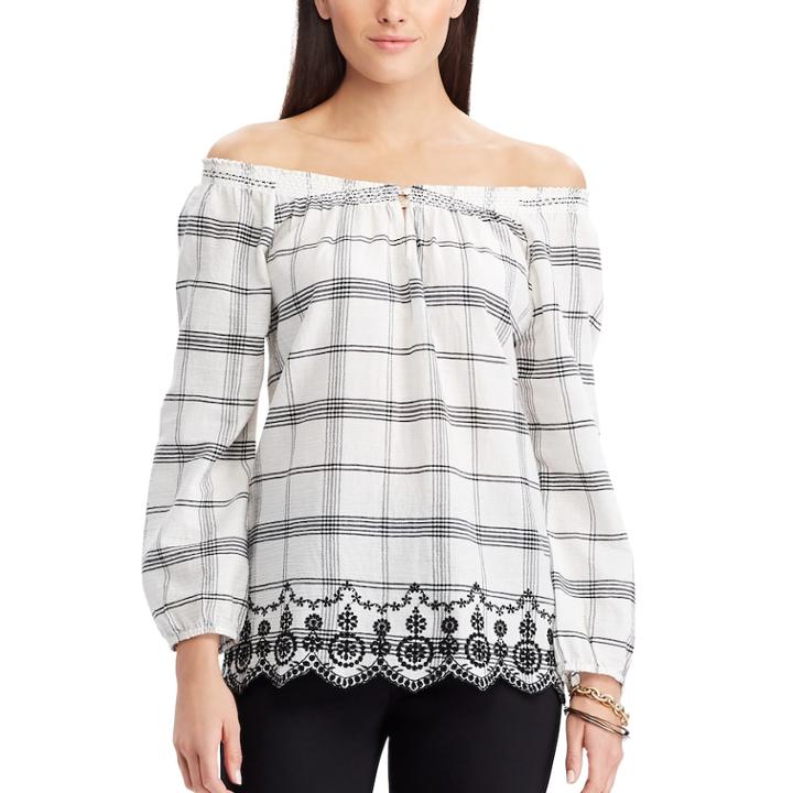 Women's Chaps Plaid Off-the-shoulder Top, Size: Large, White