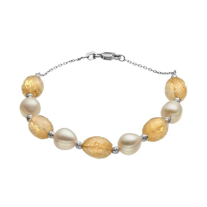 Sterling Silver Citrine & Freshwater Cultured Pearl Beaded Bracelet, Women's, Size: 7.5, Yellow
