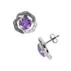 Lavish By Tjm Sterling Silver Purple And White Cubic Zirconia Flower Stud Earrings - Made With Swarovski Marcasite, Women's