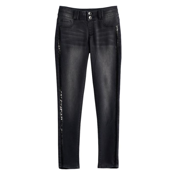 Girls 7-16 & Plus Size So&reg; Sequin Side-stripe Black Skinny Jeans, Size: 12