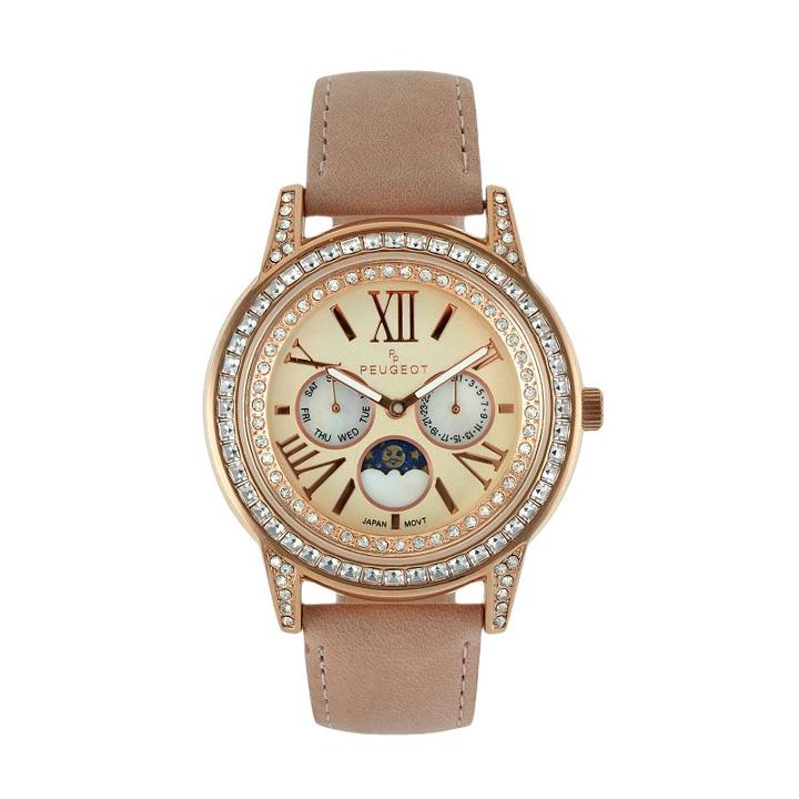 Peugeot Women's Leather Moon Phase Watch, Pink