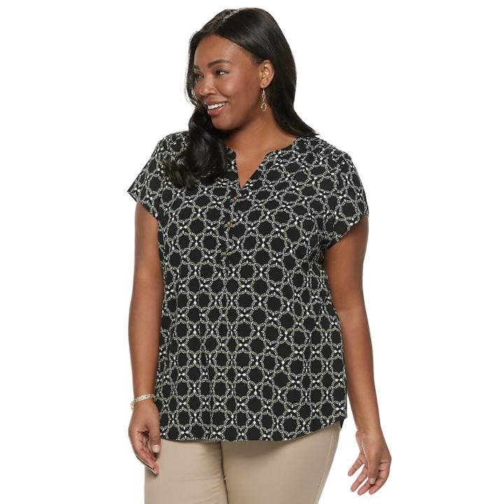 Plus Size Croft & Barrow&reg; Pleated Henley Top, Women's, Size: 1xl, Black