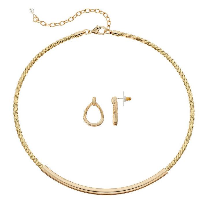 Napier Curved Tube Necklace & Drop Earring Set, Women's, Gold