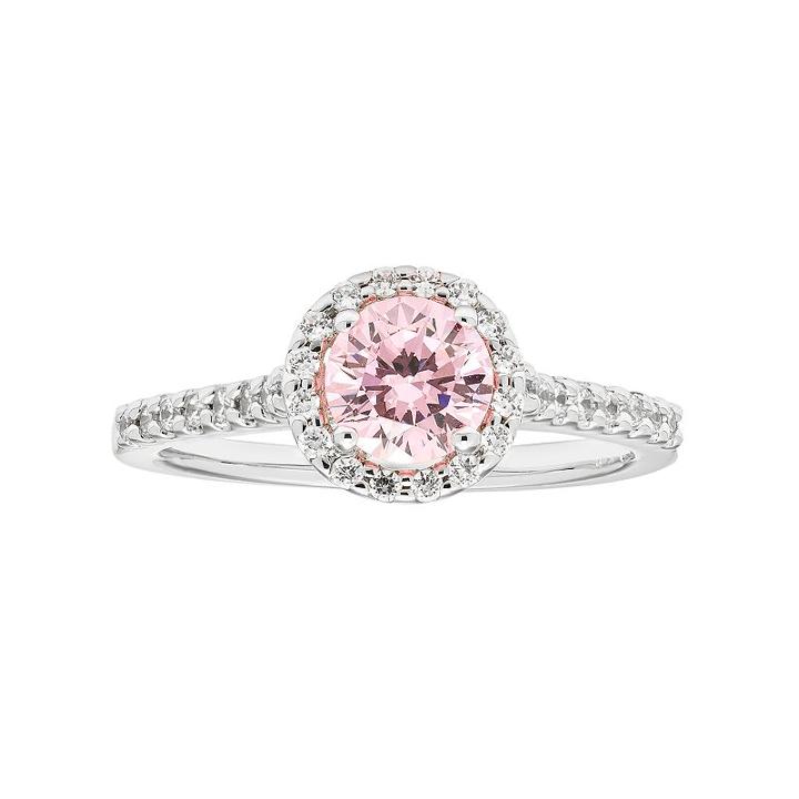 Sterling Silver Pink Cubic Zirconia Round Halo Engagement Ring, Women's, Size: 6