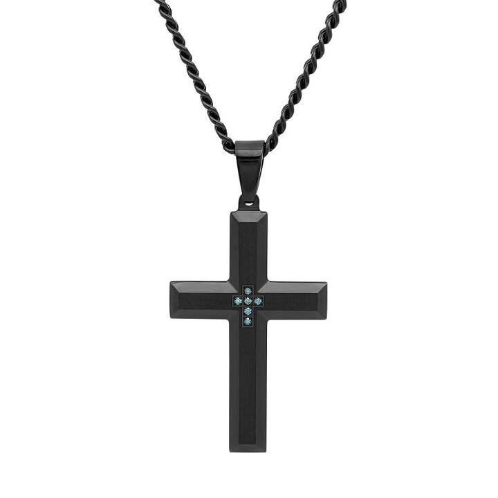 Blue Diamond Accent Black Ion-plated Stainless Steel Cross Pendant Necklace - Men, Size: 24