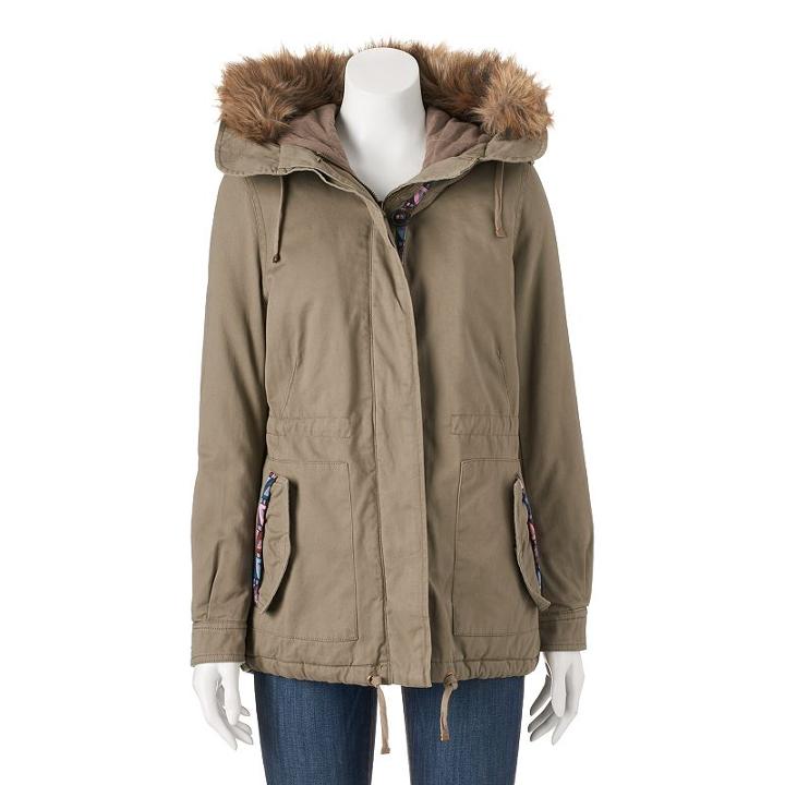 Juniors' Coffee Shop Drawstring Faux-fur & Twill Jacket, Girl's, Size: Small, Lt Brown