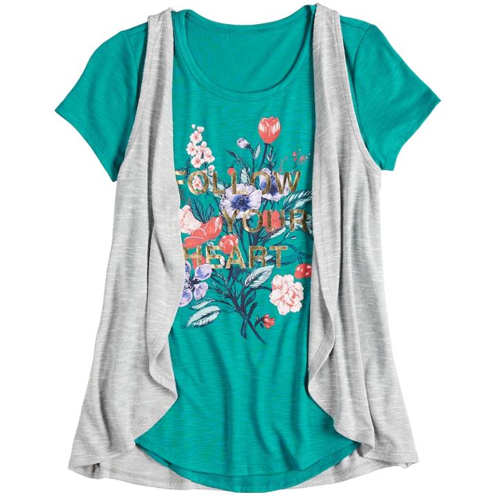 Girls 7-16 & Plus Size Mudd&reg; Graphic Print Tee & Vest Set, Size: 20 1/2, Dark Blue