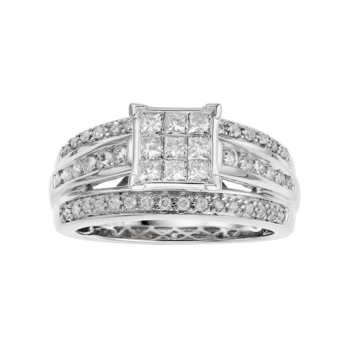 10k White Gold 1 Carat T.w. Diamond Cluster Enagagment Ring, Women's, Size: 8