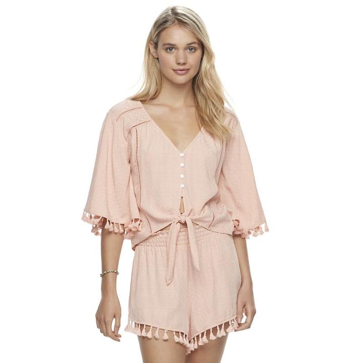 Juniors' Mason & Belle Fringe Tie-front Crop Top, Girl's, Size: Small, Brt Pink
