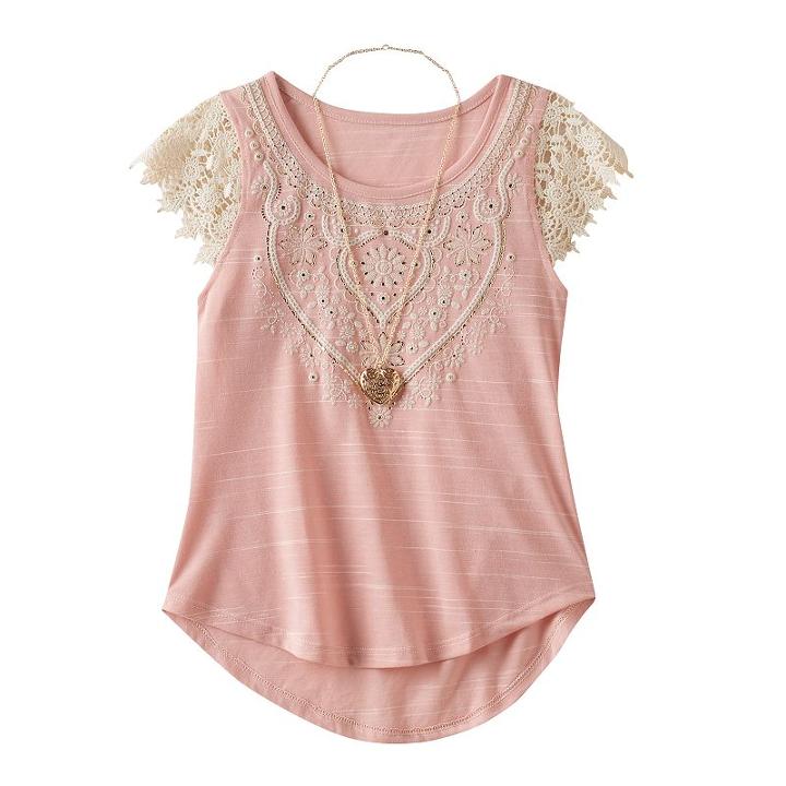 Girls 7-16 Knitworks Crochet Lace Sleeve Top With Necklace, Girl's, Size: Xl, Light Pink