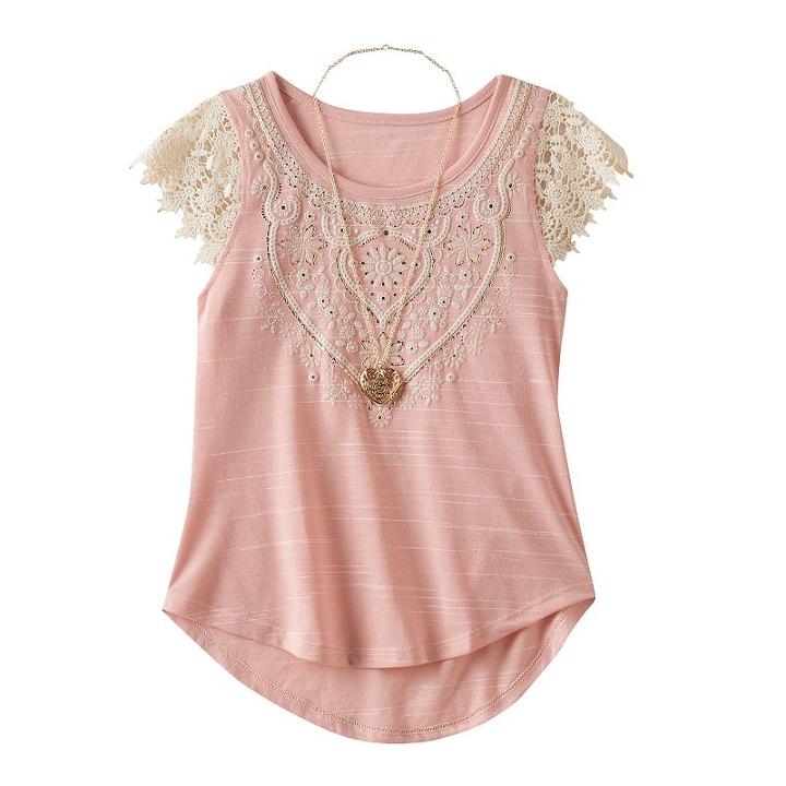 Girls 7-16 Knitworks Crochet Lace Sleeve Top With Necklace, Girl's, Size: Xl, Light Pink