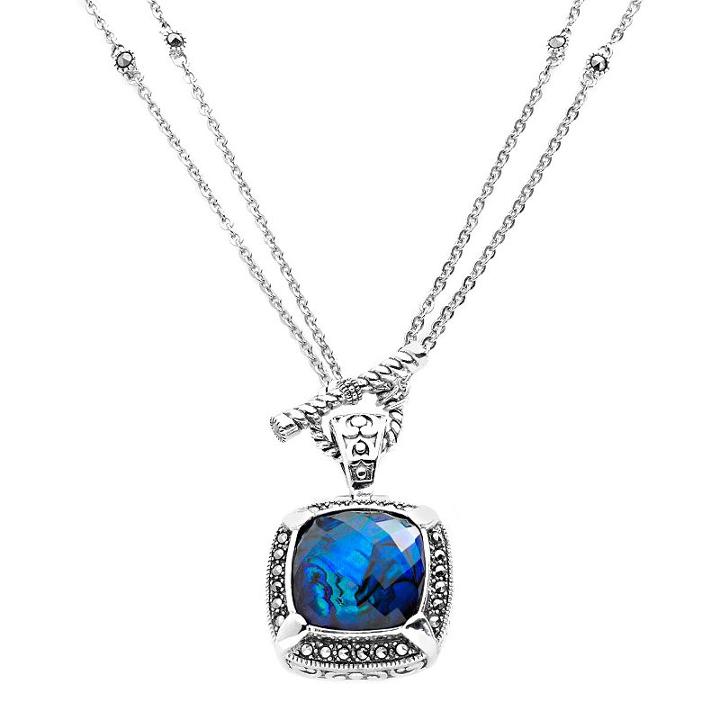Lavish By Tjm Sterling Silver Abalone Doublet Frame Pendant - Made With Swarovski Marcasite, Women's, Size: 18, Blue