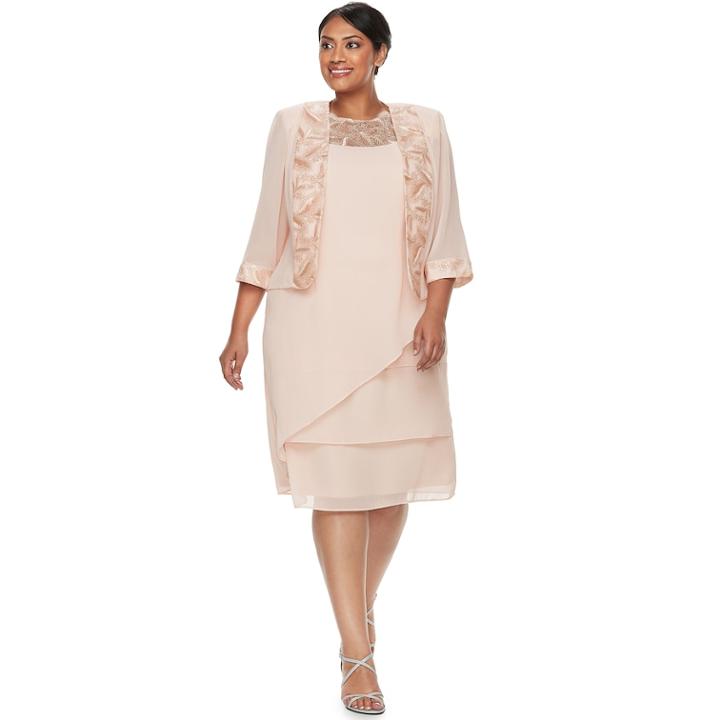 Plus Size Maya Brooke Tiered Dress & Jacket Set, Women's, Size: 14 W, Med Pink