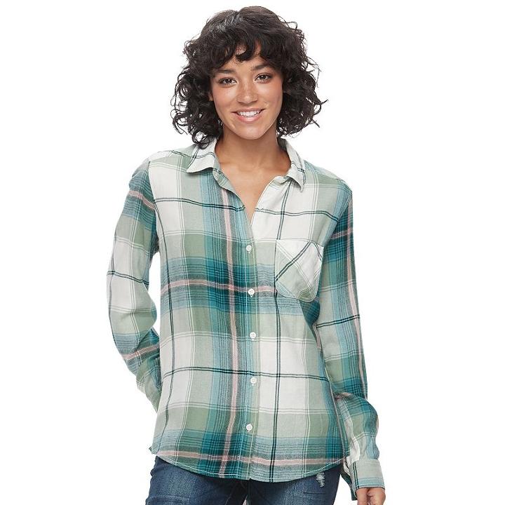 Juniors' Mudd&reg; Plaid Flannel Shirt, Teens, Size: Small, Dark Green