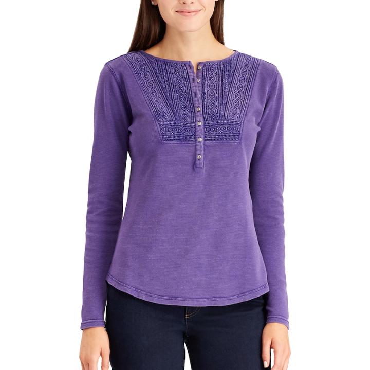 Petite Chaps Lace-trim Henley, Women's, Size: S Petite, Purple