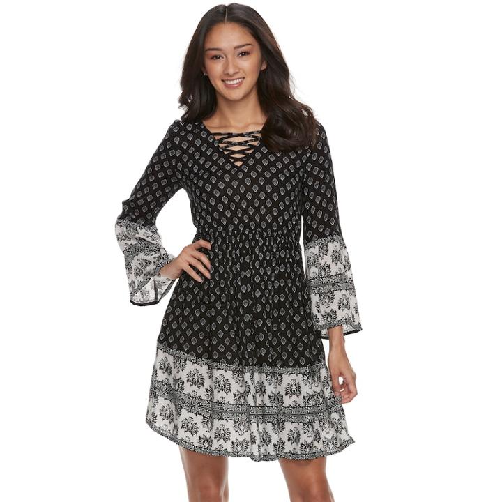 Juniors' Mudd&reg; Print Crinkle Lace-up Dress, Teens, Size: Xl, Black