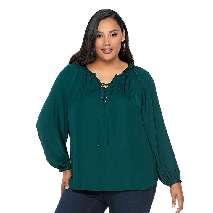 Plus Size Jennifer Lopez Lace-up Blouse, Women's, Size: 1xl, Dark Green