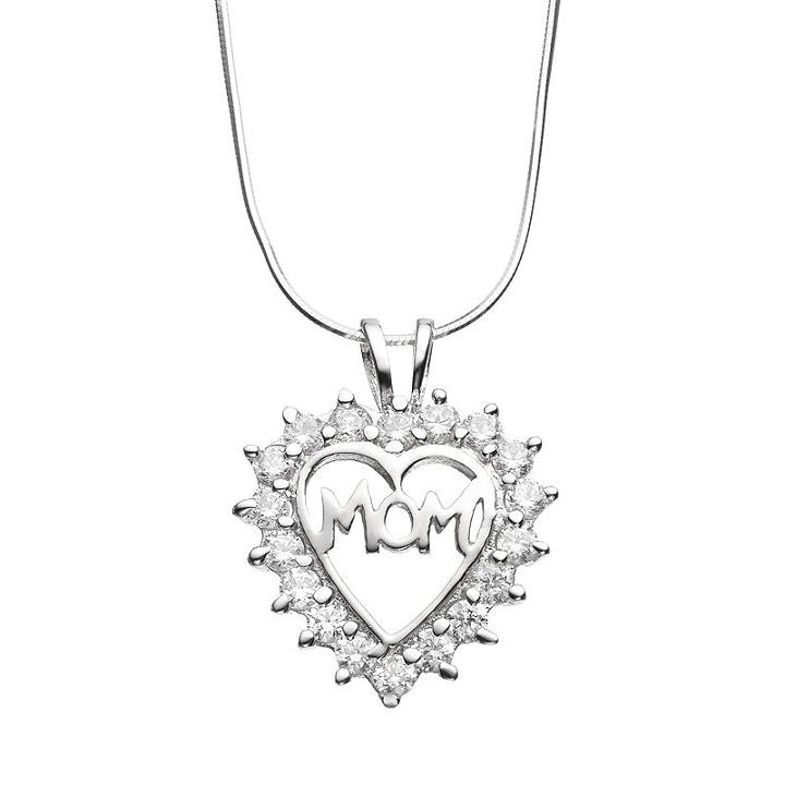 Journee Collection Cubic Zirconia Sterling Silver Mom Heart Pendant Necklace, Women's, Size: 18, White