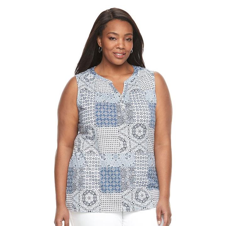 Plus Size Croft & Barrow&reg; Printed Splitneck Tank, Women's, Size: 3xl, Blue (navy)