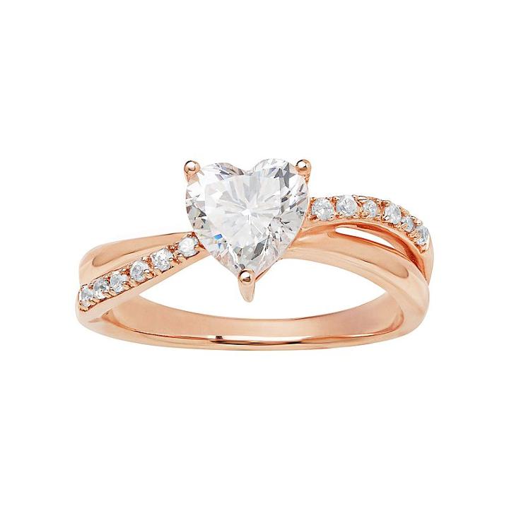 Emotions 18k Rose Gold Over Silver Heart Ring - Made With Swarovski Cubic Zirconia, Women's, Size: 7, White