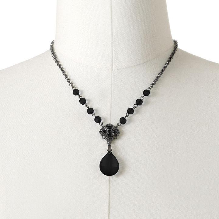 1928 Bead Flower And Teardrop Y Necklace, Women's, Size: 16, Black