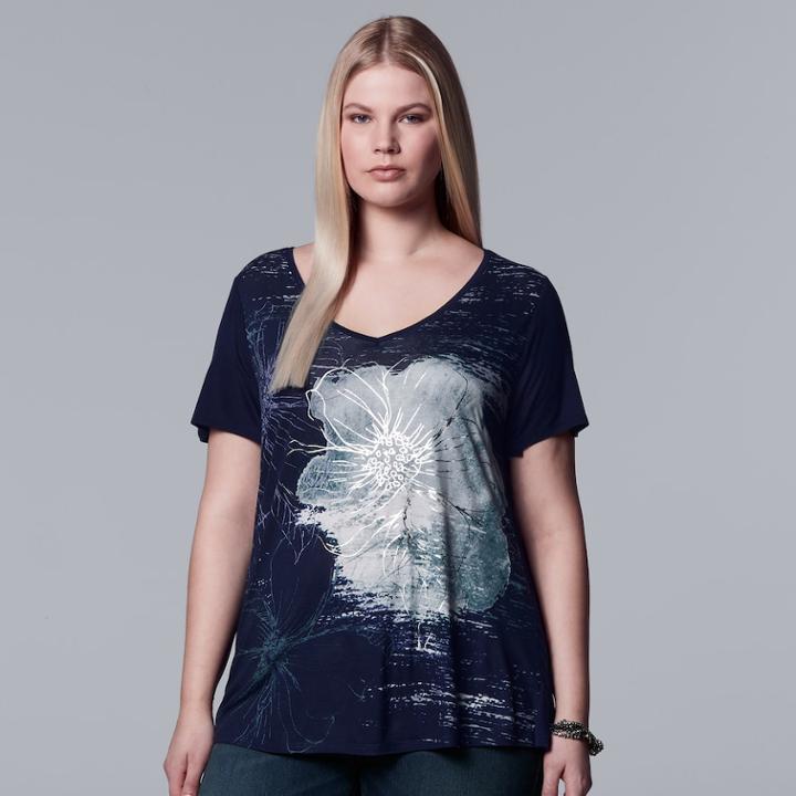 Plus Size Simply Vera Vera Wang Printed V-neck Tee, Women's, Size: 3xl, Blue (navy)
