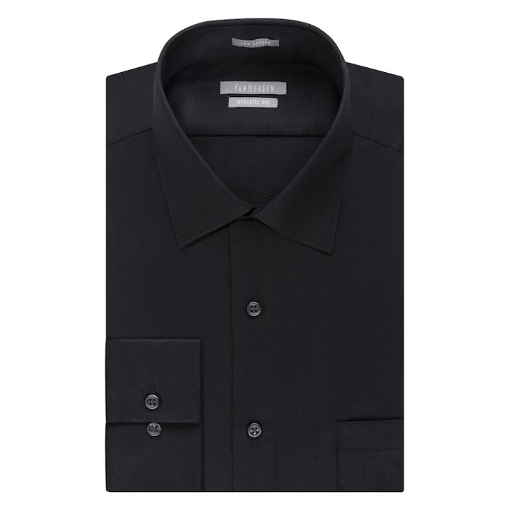 Men's Van Heusen Fitted Athletic Solid Lux Sateen No Iron Spread Collar Dress Shirt, Size: 16.5-32/33, Black