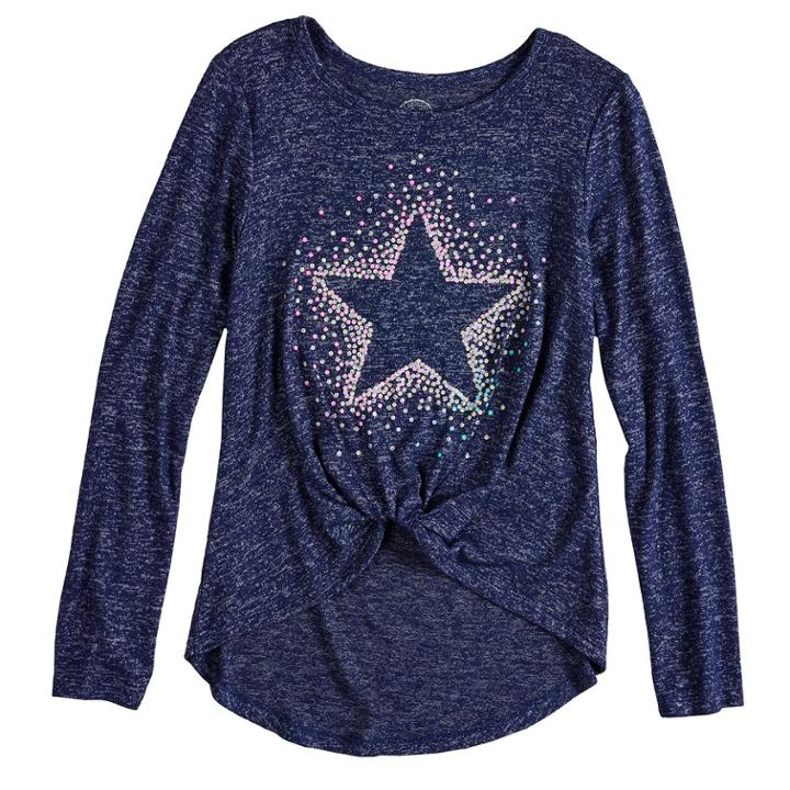 Girls 7-16 & Plus Size So&reg; Cozy Front Knot Long Sleeve Graphic Tee, Size: 12, Blue (navy)