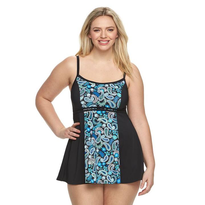 Plus Size A Shore Fit Hip Minimizer Printed Swimdress, Women's, Size: 16 W, Blue