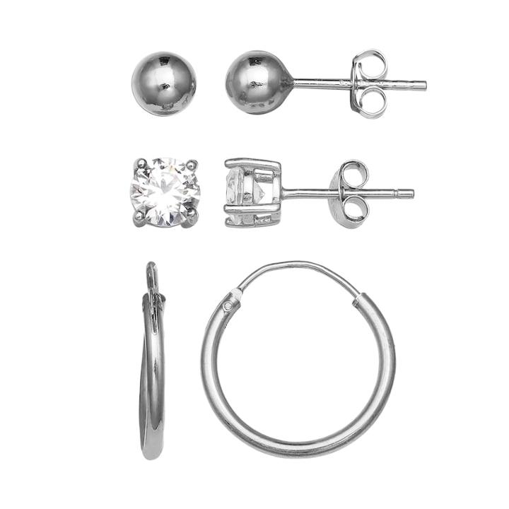 Primrose Sterling Silver Cubic Zirconia, Ball Stud & Endless Hoop Earring Set, Women's, White
