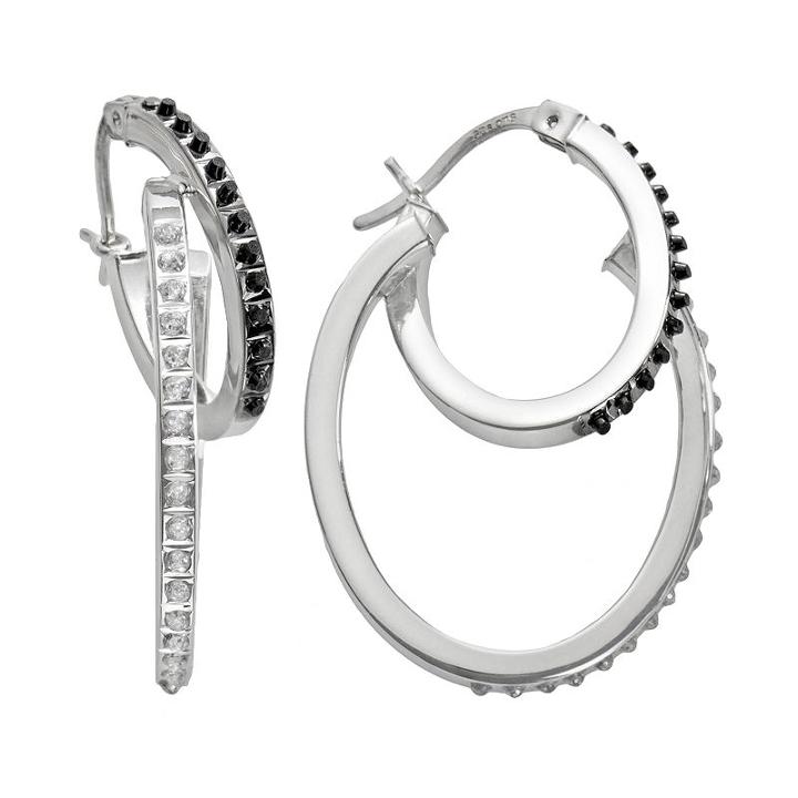 Diamond Mystique Platinum Over Silver Two Tone Diamond Accent Hoop Earrings, Women's, Grey
