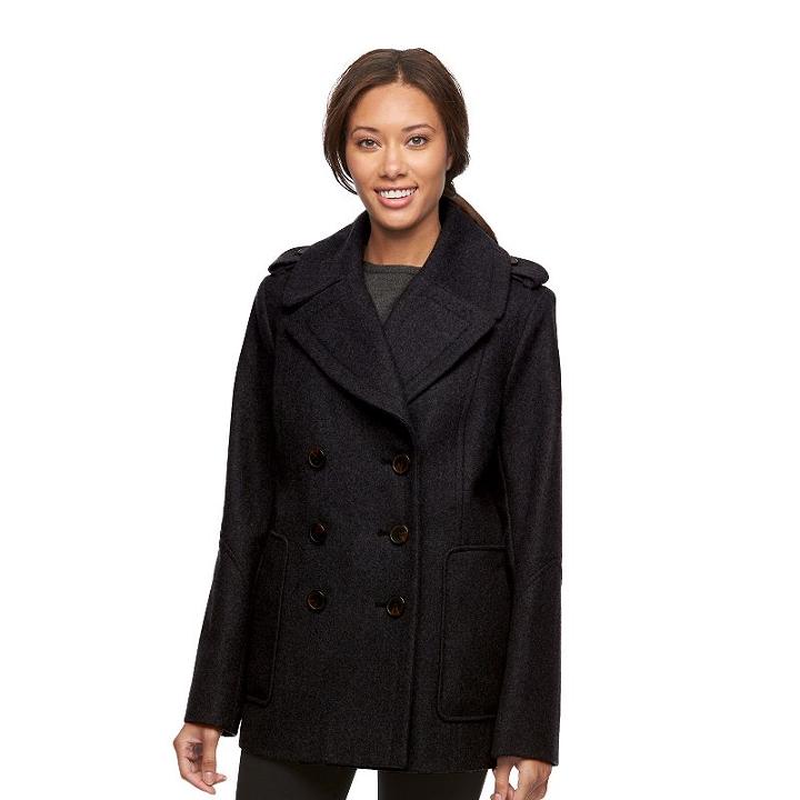 Women's Croft & Barrow&reg; Double-breasted Wool Blend Peacoat, Size: Medium, Black