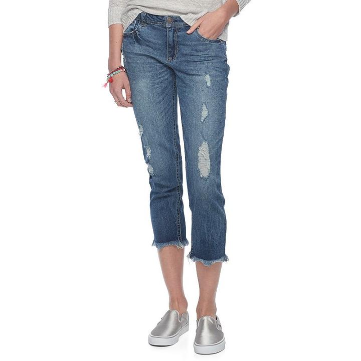 Juniors' Almost Famous Fray Hem Ripped Girlfriend Capris, Teens, Size: 9, Dark Blue