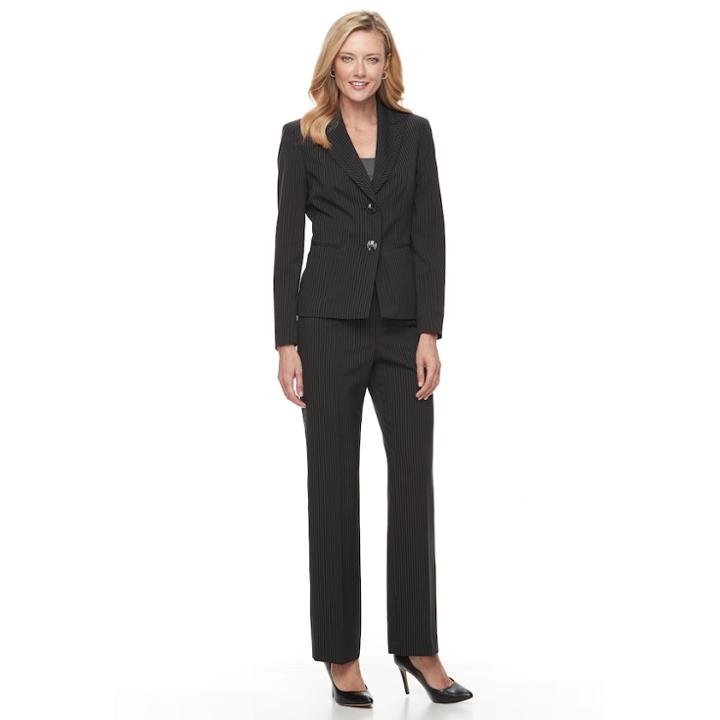 Women's Le Suit Pinstripe Suit Jacket & Pants Set, Size: 14, Black