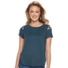Juniors' Pink Republic Solid Crepe Lattice Shoulder Tee, Teens, Size: Large, Blue