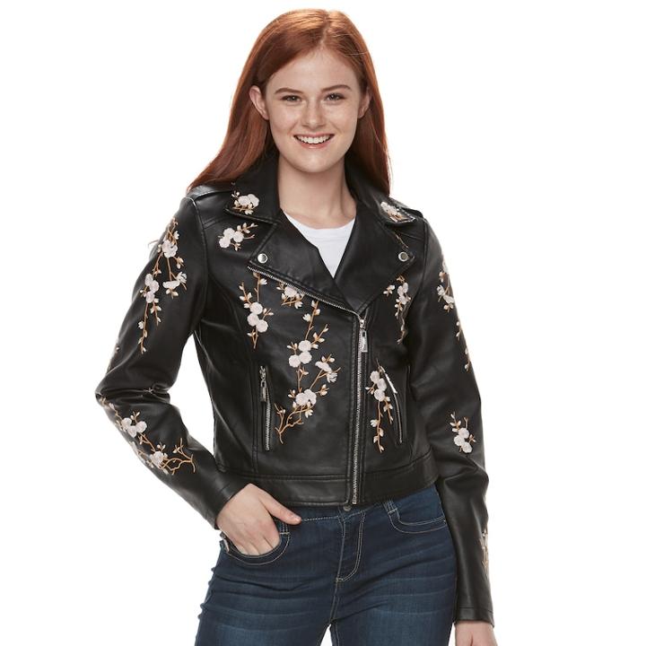 Juniors' J-2 Floral Embroidered Moto Faux-leather Jacket, Teens, Size: Xl, Black