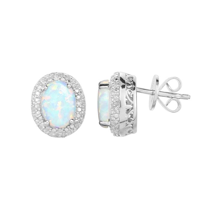 Sterling Silver Lab-created White Opal & 1/10 Carat T.w. Diamond Oval Halo Stud Earrings, Women's